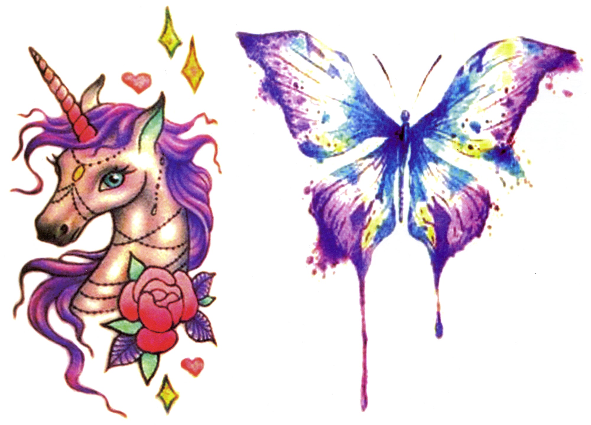 Unicorn and Butterfly 6" x 8 1/4" Waterproof Temporary Tattoos