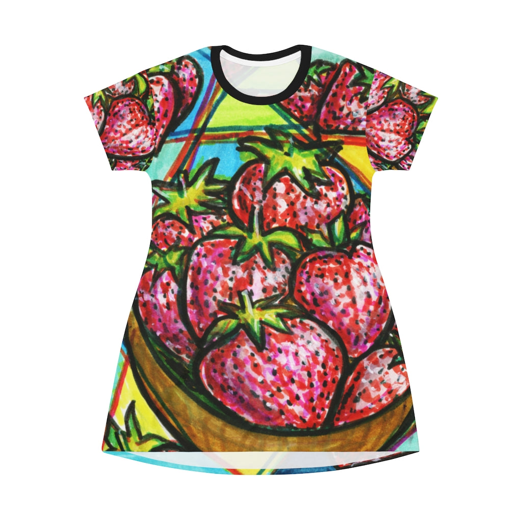Strawberries Illustration Women's All Over Print T-Shirt Dress