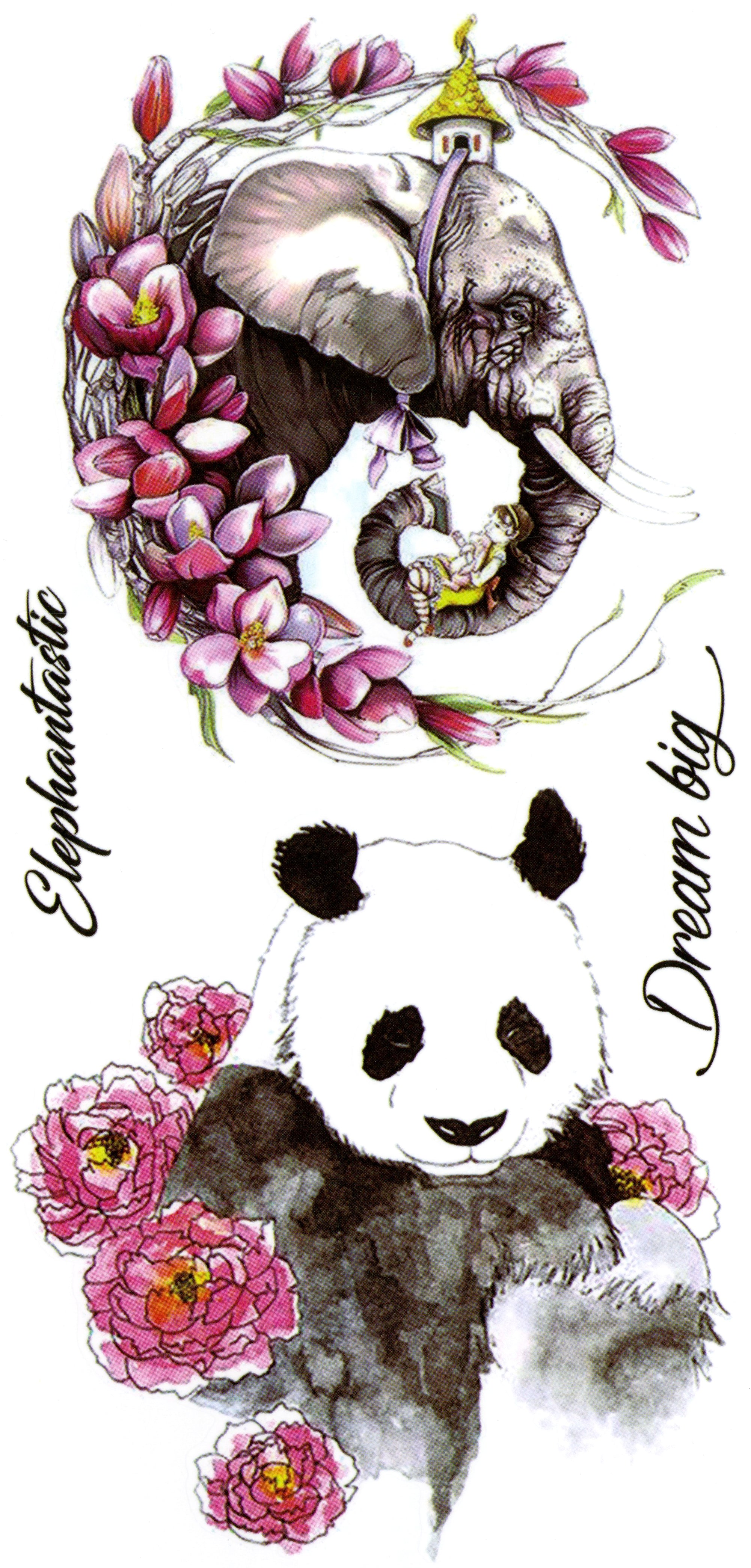 Dream Big Elephantastic Panda Bear and Elephant 3 1/2" x 7 1/2" Temporary Tattoos 2 Sheets