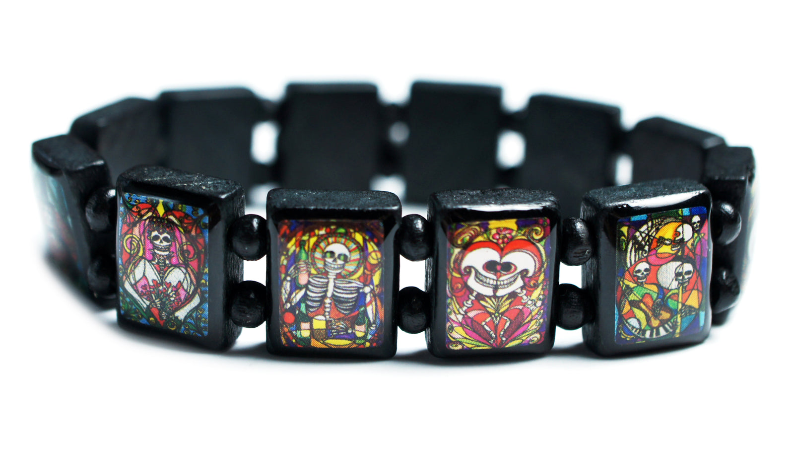 Sanguine Skulls Day of the Dead Black Wood Stretch Prayer Bracelet
