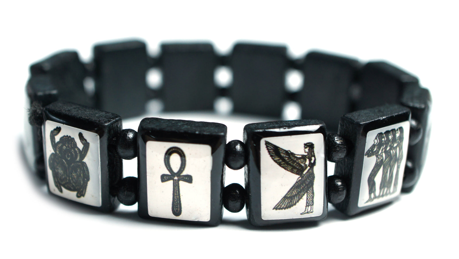Ancient Egyptian Symbols Black Wood Stretch Prayer Bracelet