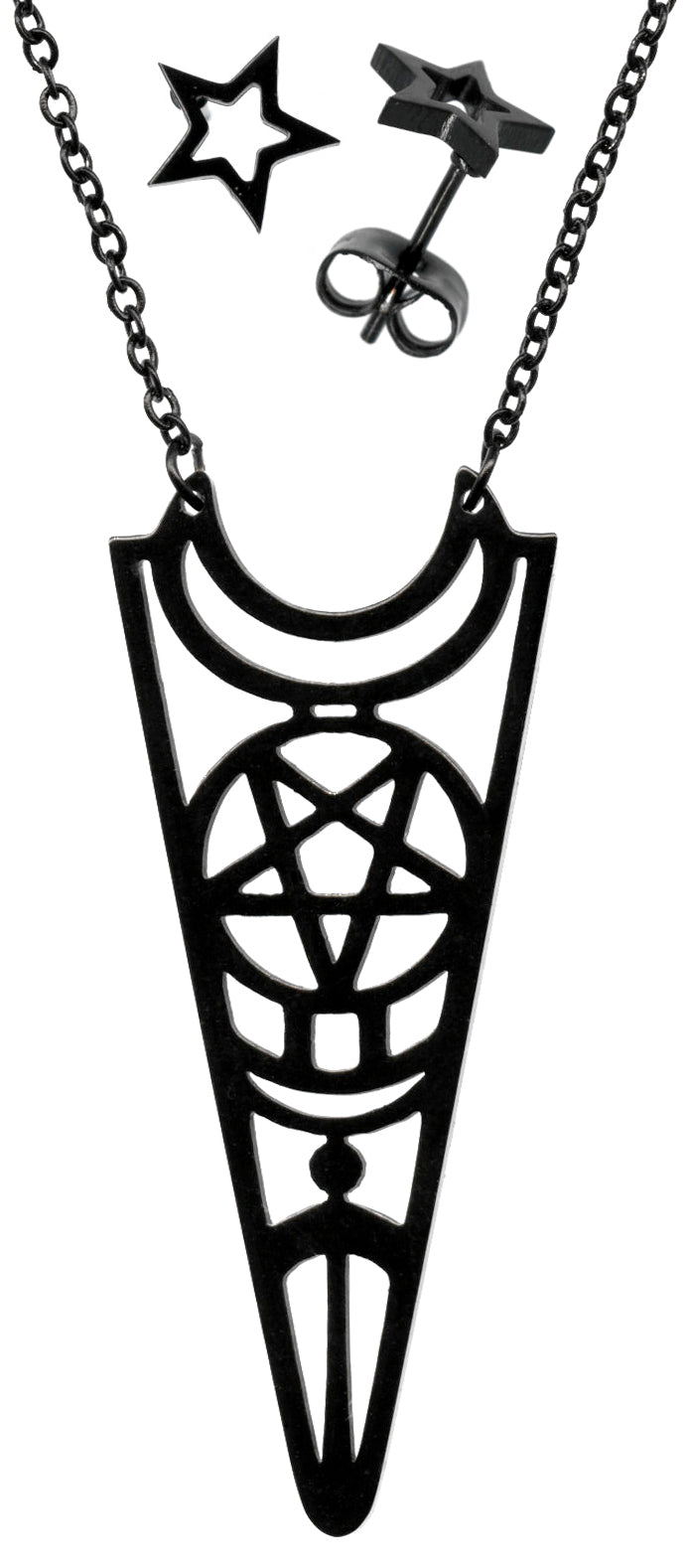Inverted Pentacle Moon Black Stainless Steel Necklace and Star Stud Earrings Set
