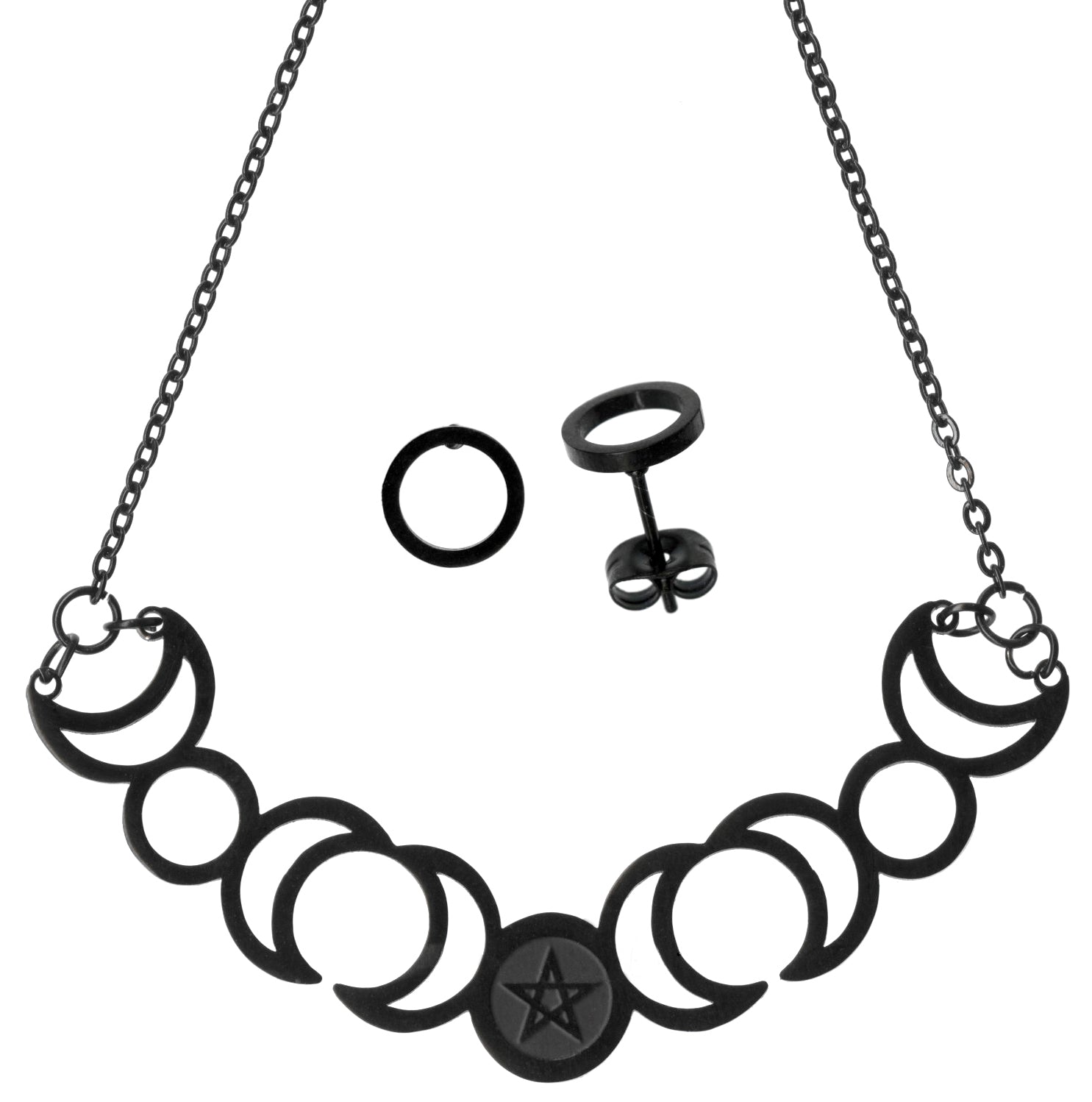 Triple Moon Pentacle Wicca Black Stainless Steel Necklace and Stud Earrings Set