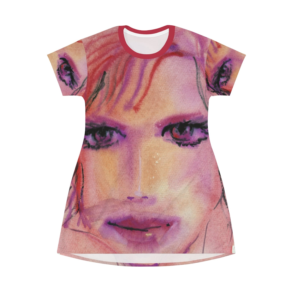 Dreamy Cerise Watercolor Portrait Women's All Over Print T-Shirt Dress