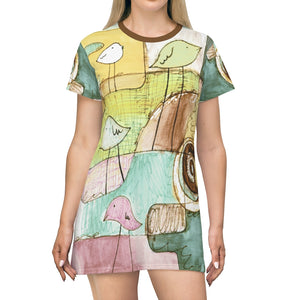 Whimsical Bird World Women's All Over Print T-Shirt Dress
