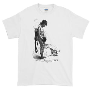 Beautiful Nude Violinist with Puppy Dog in the Rain Adult Unisex T-shirt