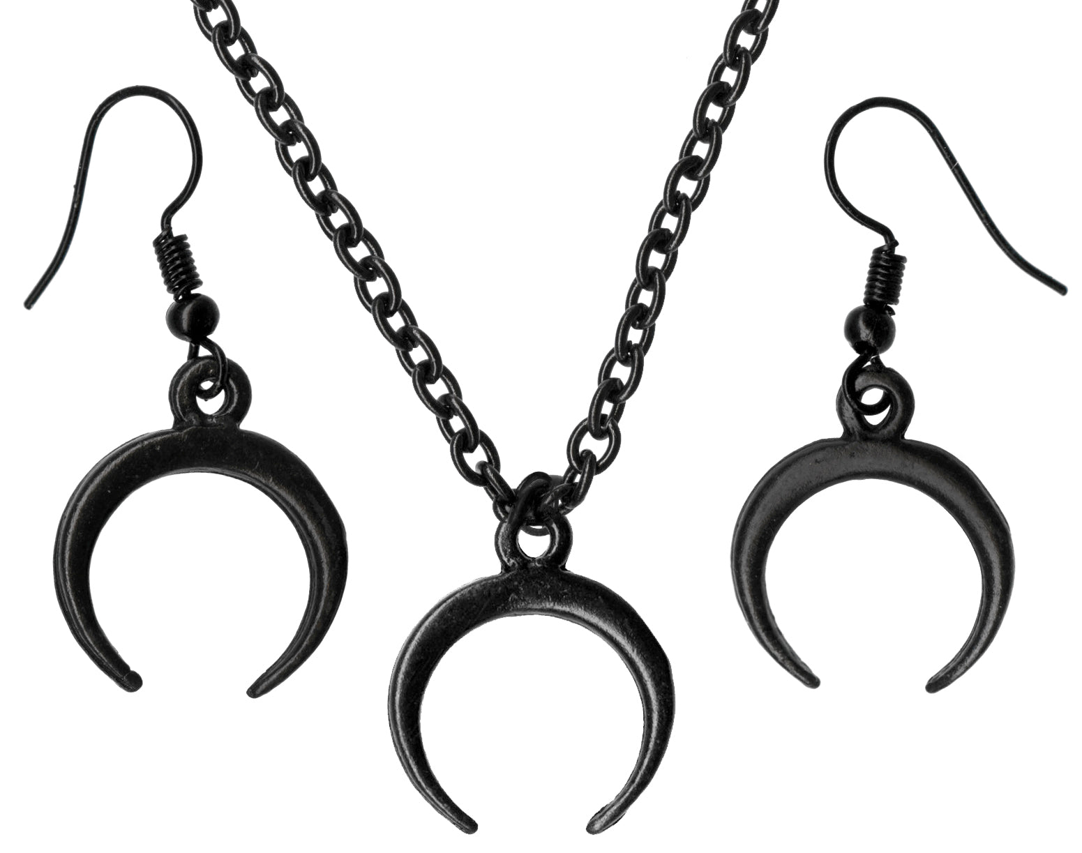 Small Black Crescent Moon Metal Necklace and Earrings Set