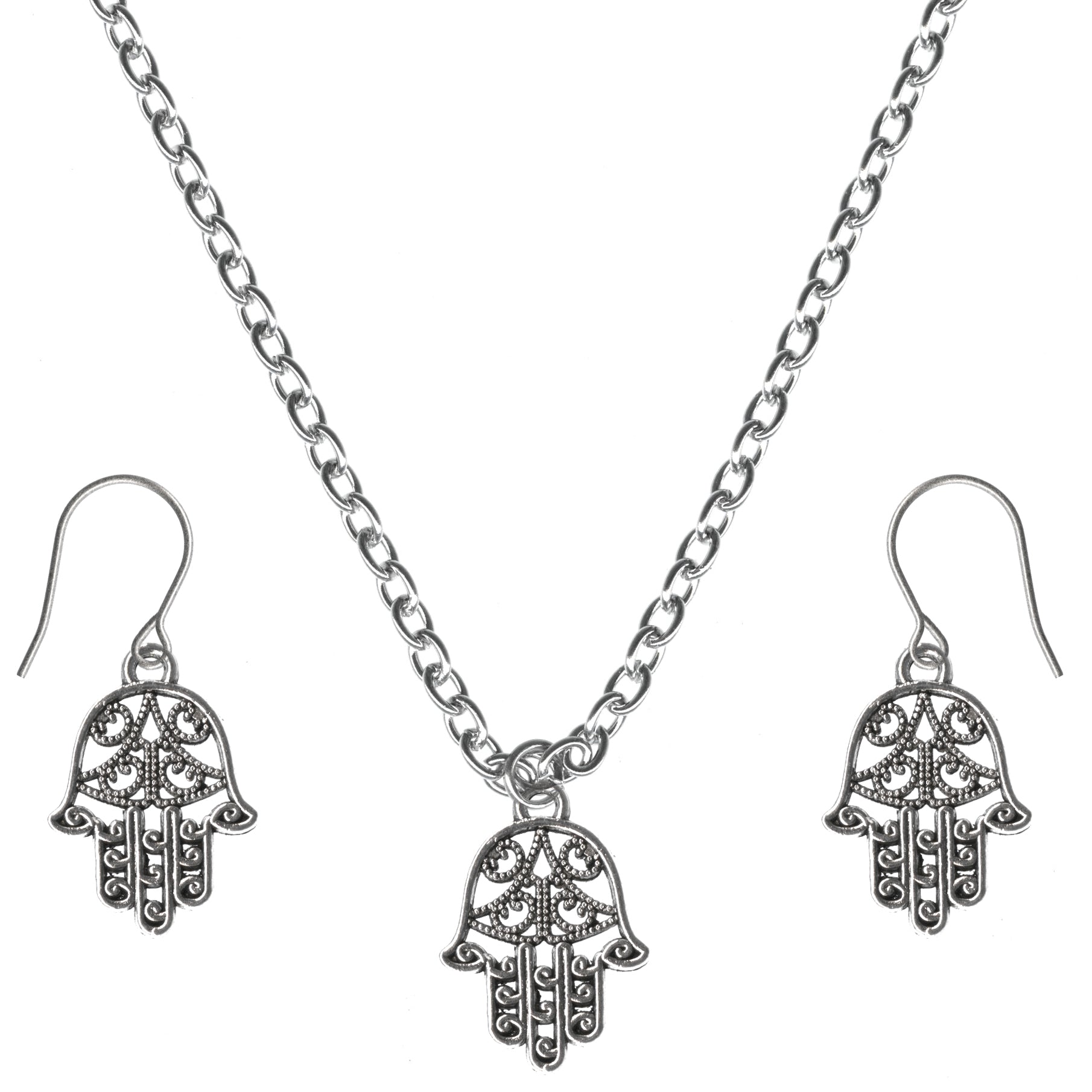 Lucky Protection Filigree Hamsa Charm Steel Chain Necklace and Hypoallergenic Titanium Earrings Set