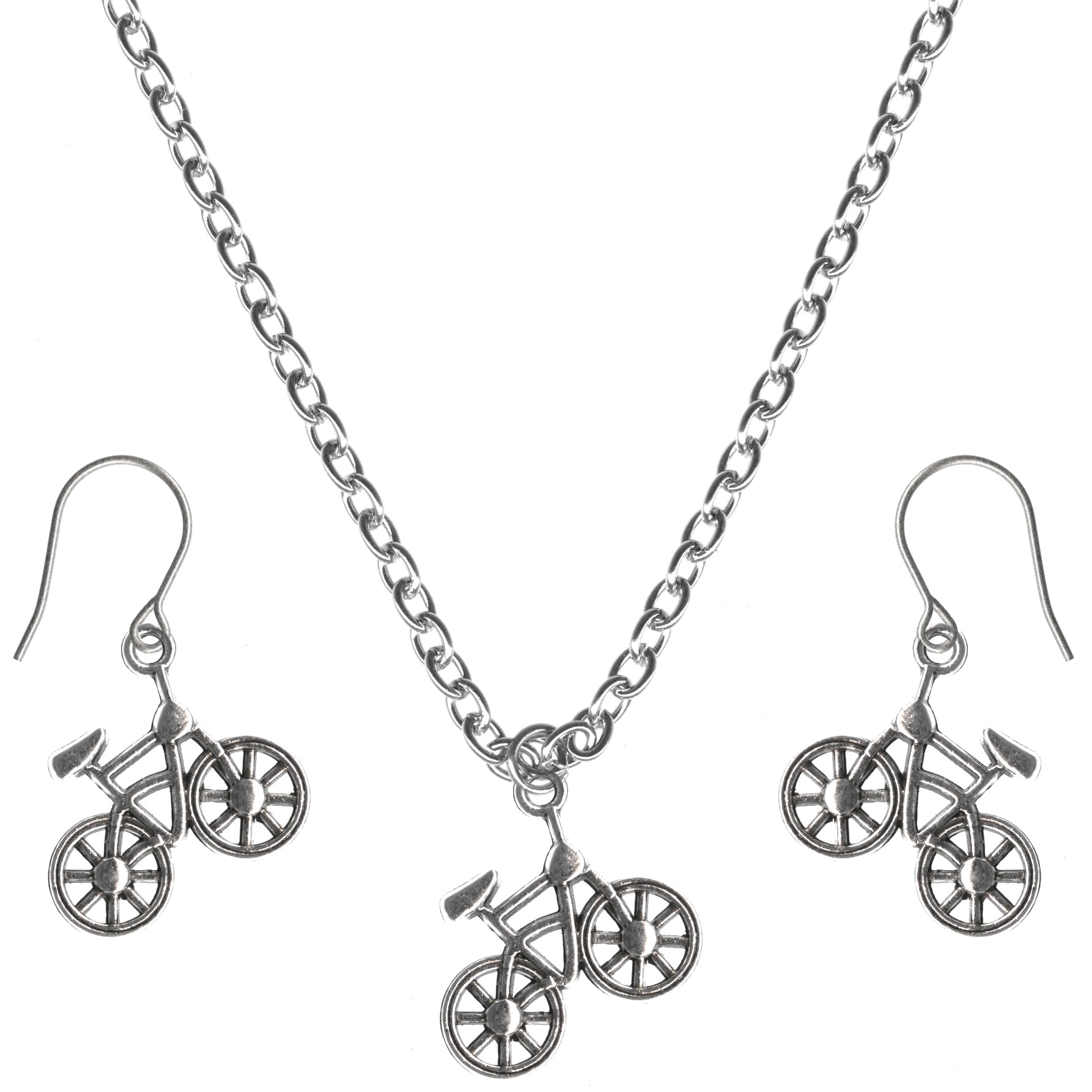 Bicycle Cute Bike Charm Steel Chain Necklace and Hypoallergenic Titanium Earrings Set