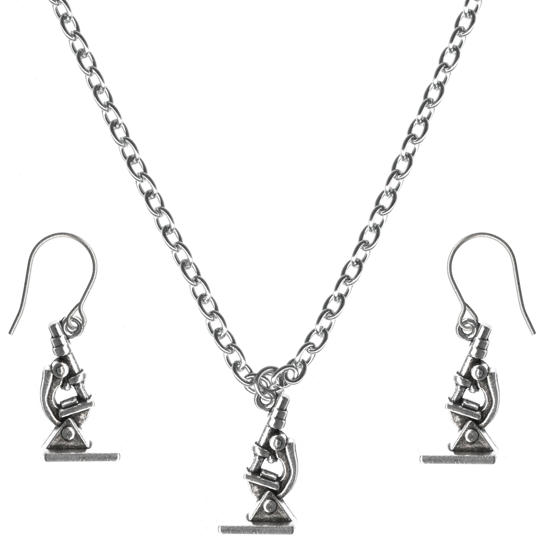 Microscope Science Charms Steel Chain Necklace and Hypoallergenic Titanium Earrings Set