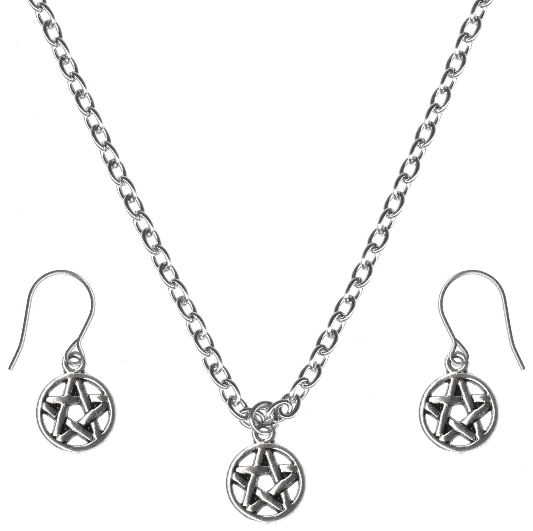 Mini Pentacle Charm Steel Chain Necklace and Hypoallergenic Titanium Earrings Set