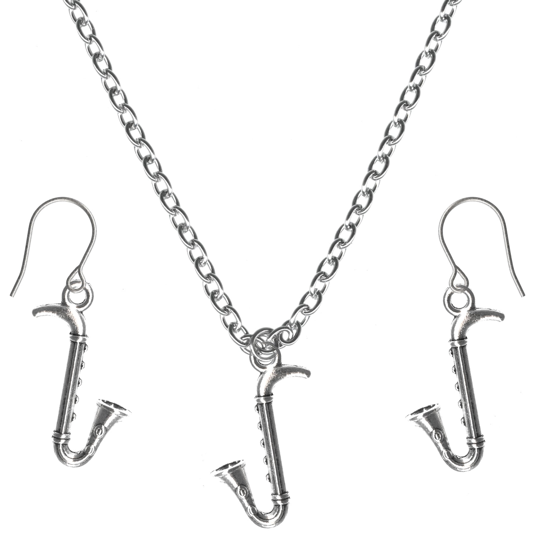 Saxophone Musical Instrument Charm Steel Chain Necklace and Hypoallergenic Titanium Earrings Set