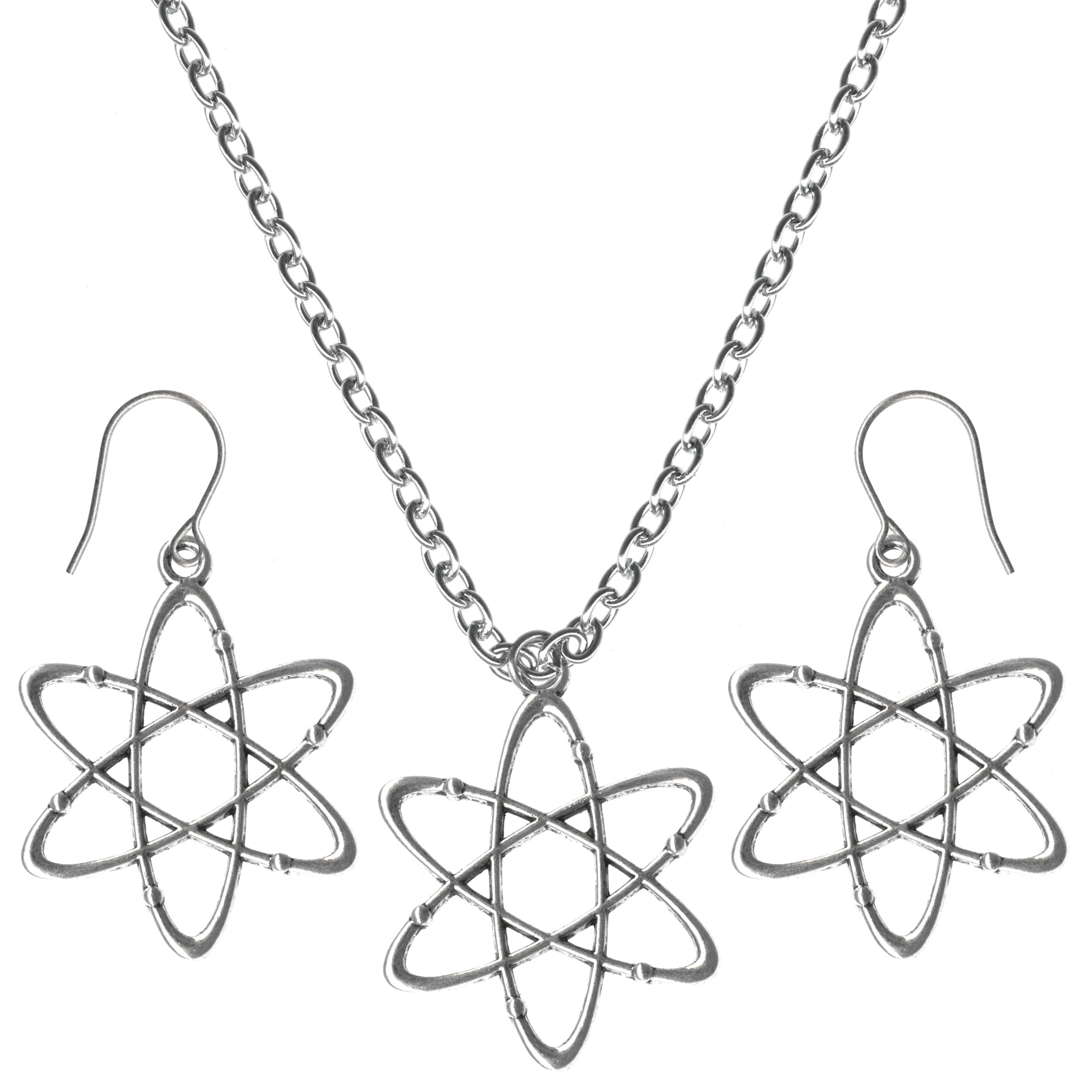 Science Atom Big Charms Steel Chain Necklace and Hypoallergenic Titanium Earrings Set