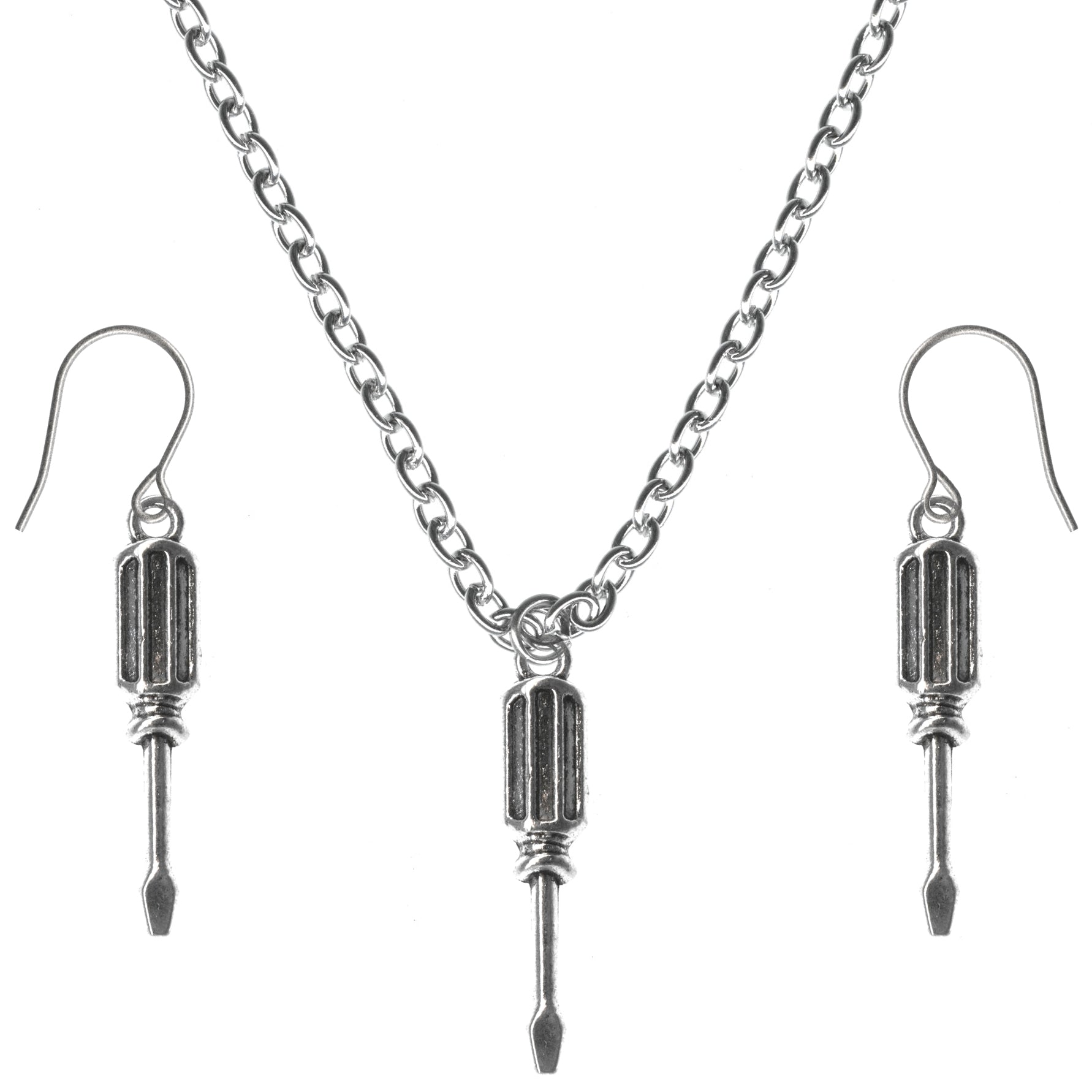 Screwdriver Tool Charms Steel Chain Necklace and Hypoallergenic Titanium Earrings Set