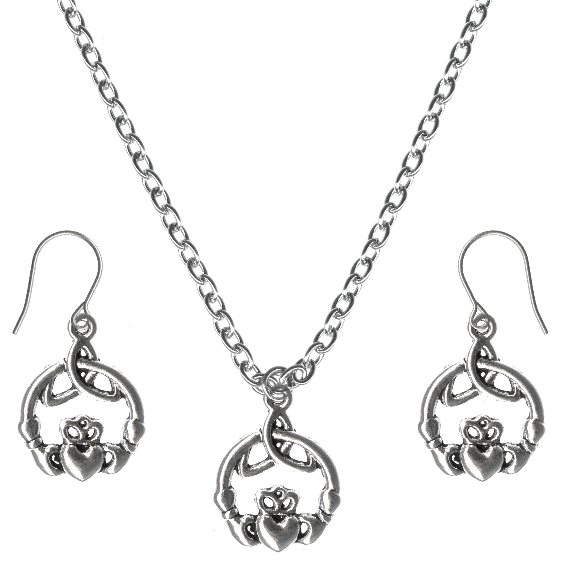 Irish Claddagh for Loyalty Friendship Charm Steel Chain Necklace and Hypoallergenic Titanium Earrings Set