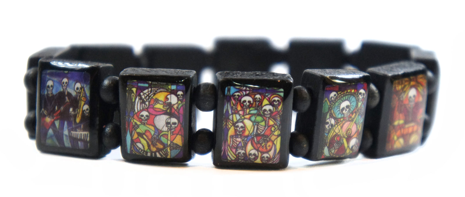 Music Skulls Day of the Dead Black Wood Stretch Prayer Bracelet