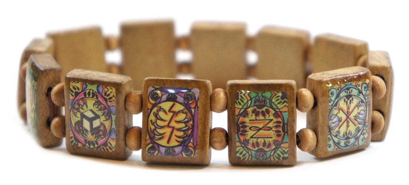 Animal Reiki Healing Symbols Brown Wood Stretch Prayer Bracelet