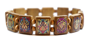 Animal Reiki Healing Symbols Brown Wood Stretch Prayer Bracelet