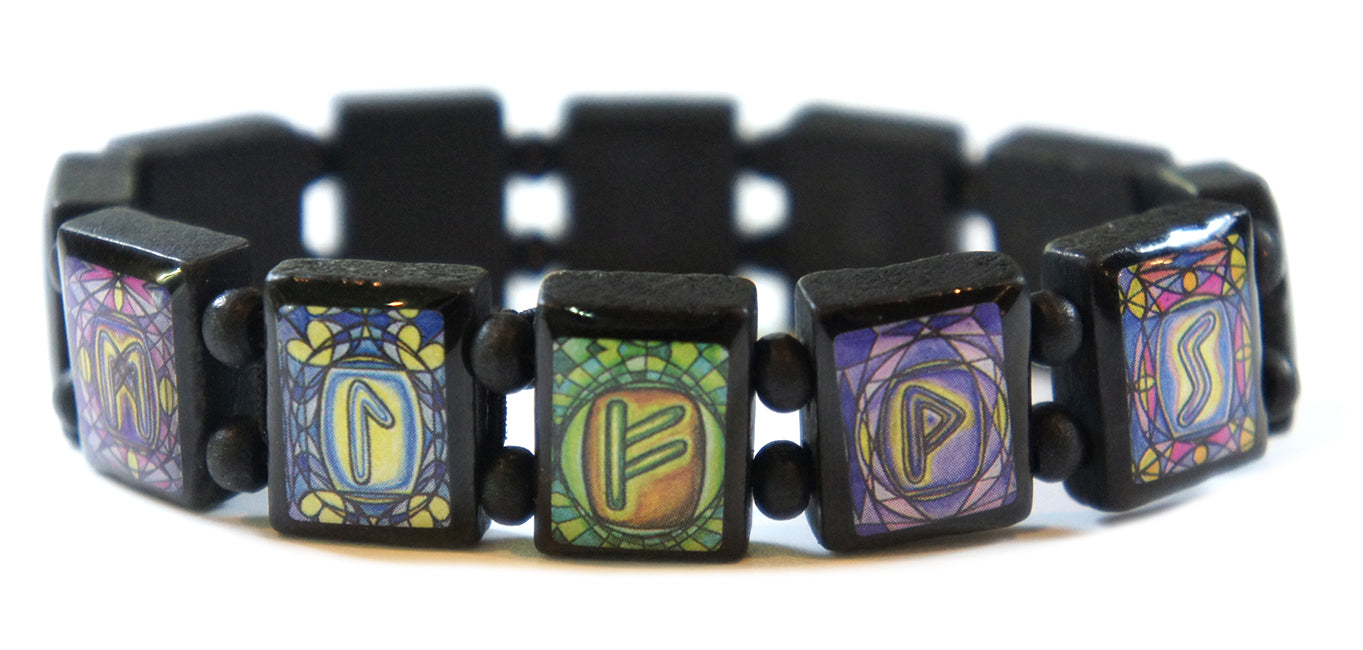 Rune Symbols Cool Tones Black Wood Stretch Prayer Bracelet