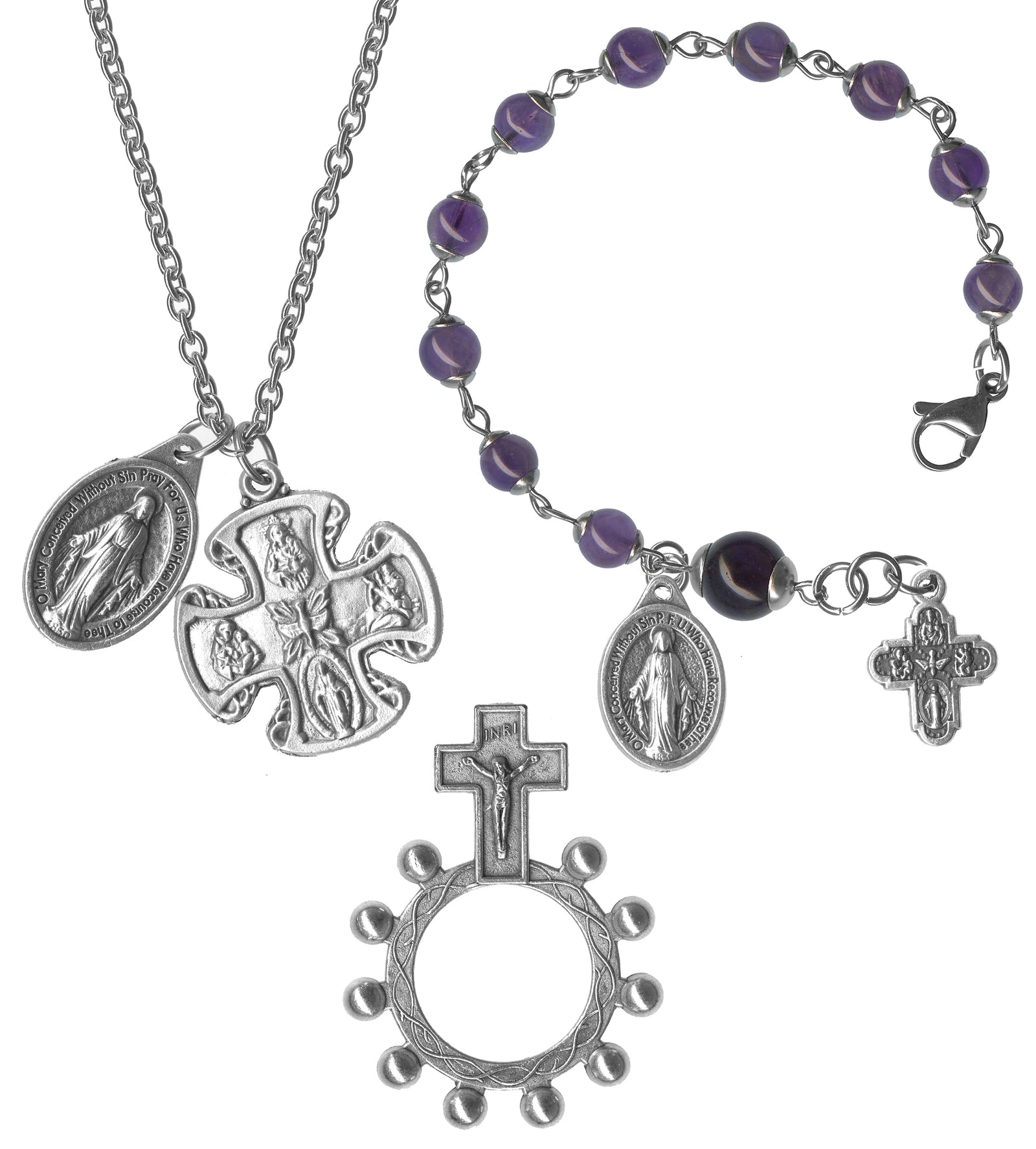 Choose Your Custom Genuine Gemstone Rosary Bracelet of the Miraculous Medal of Mary 4 Way Crucifix 3 Piece Gift Set with Necklace and Finger Rosary